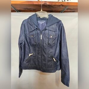 NEW-Indigo Thread Women's Blue Hooded Leather Jacket
